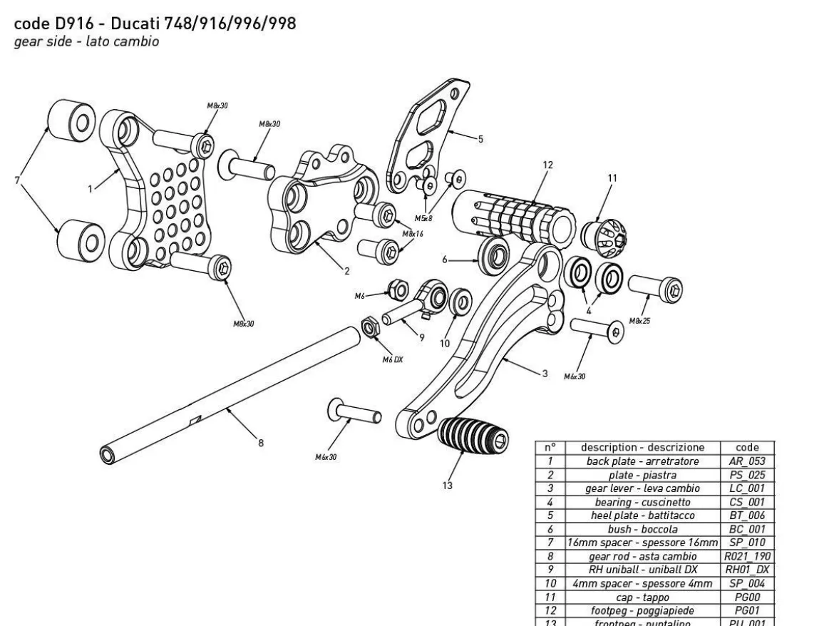 PEDANE ARRETRATE BONAMICI RACING REGOLABILI DUCATI 748 / 916 / 996 / 998
