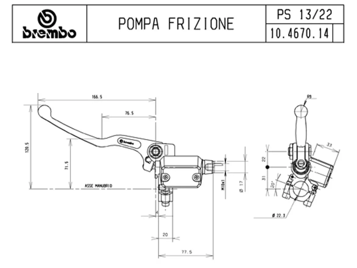POMPA FRIZIONE ASSIALE BREMBO RACING PS 13 CON SERBATOIO